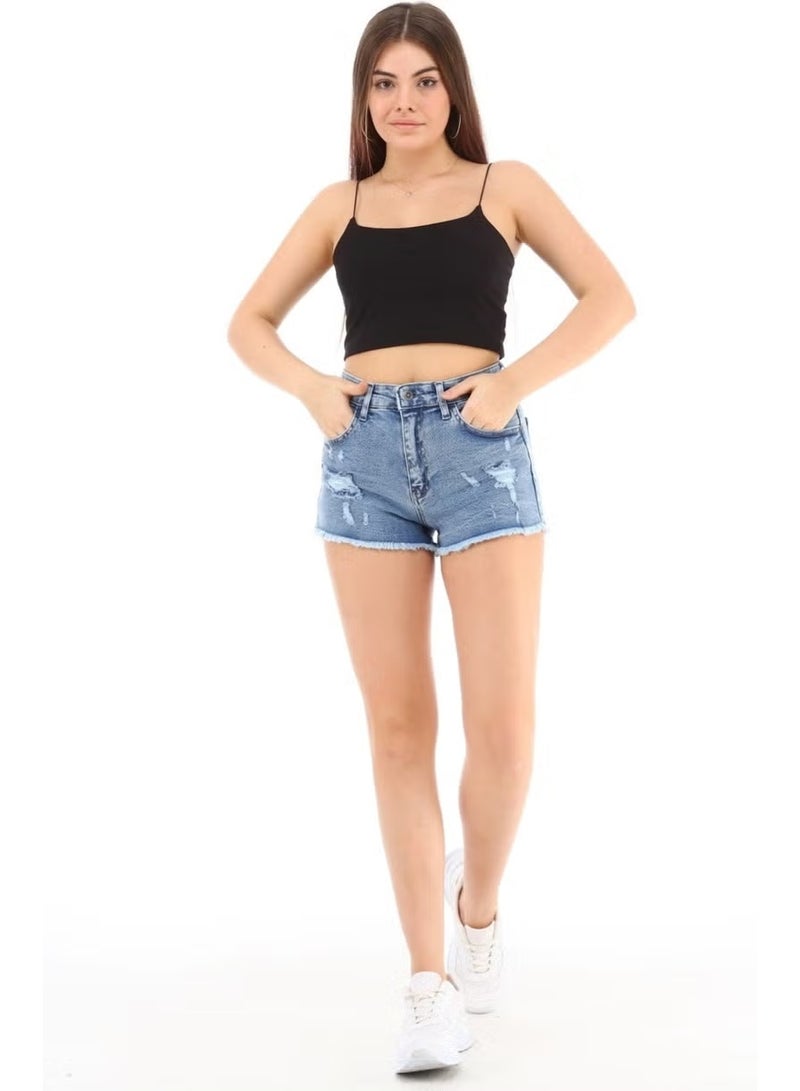 Cedy Denim شورتات جينز نسائية قصيرة بخصر عالي وأطراف ممزقة مع زخارف من الخيوط باللون الأزرق برلين C603 - Image 1